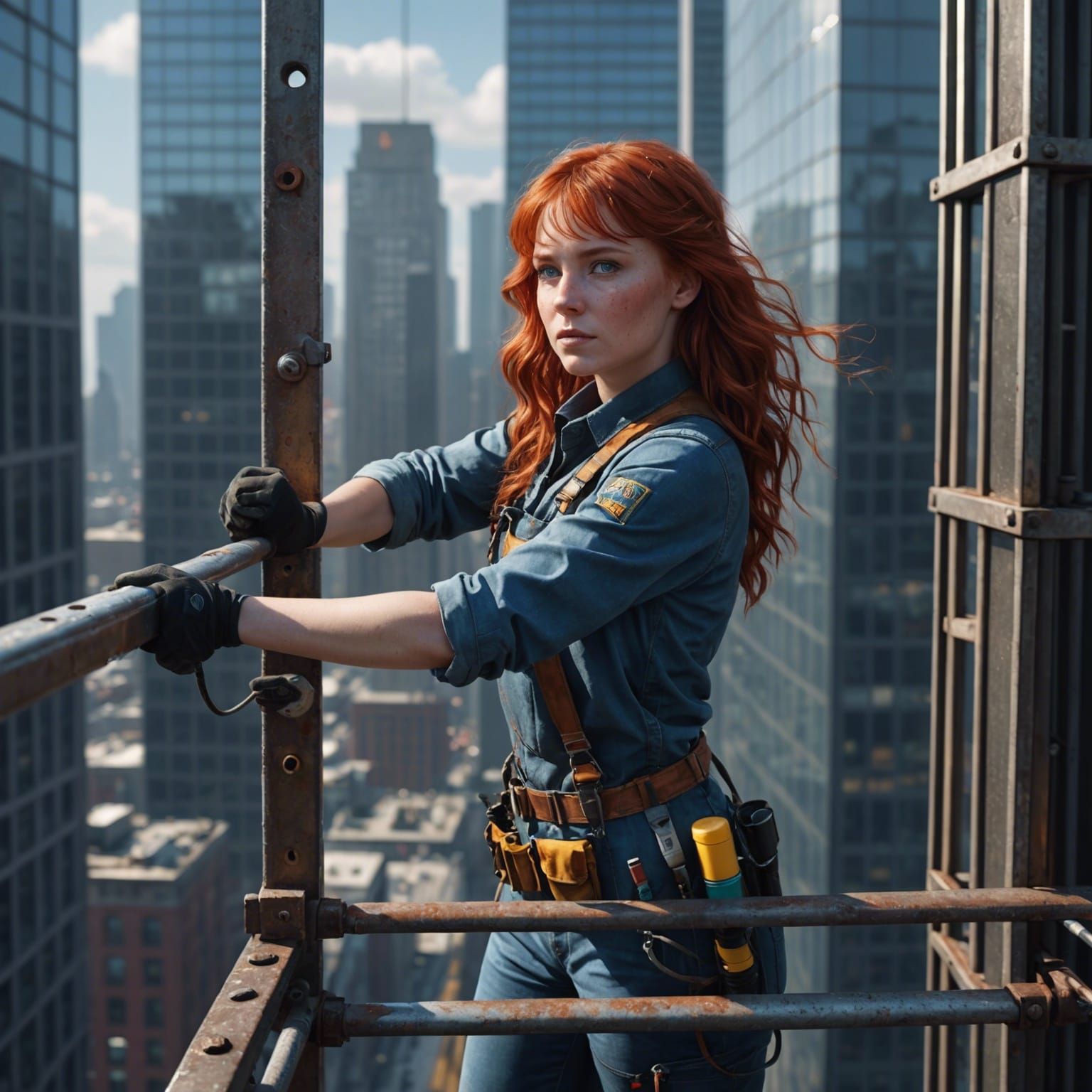 Female Window Washer on Skyscraper, Detailed Digital Art