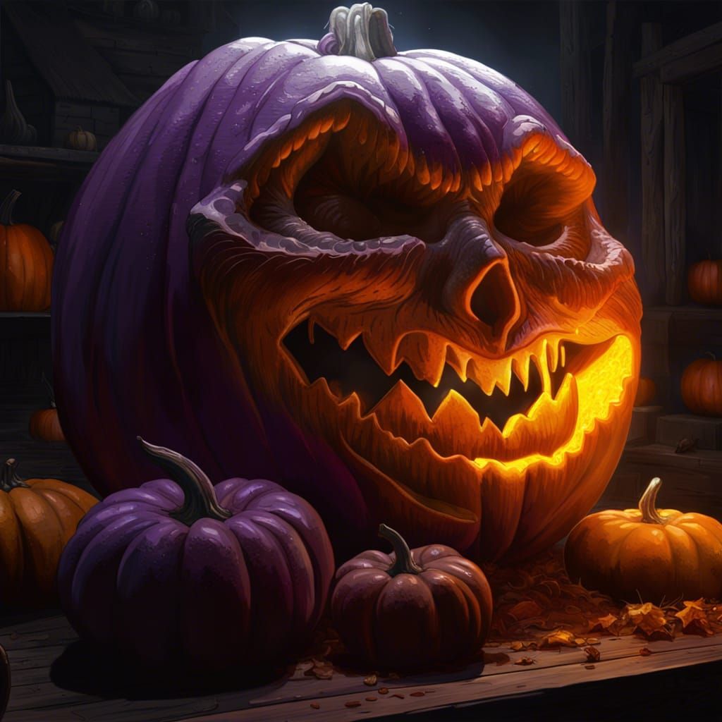 Halloween Goblin Carving a Giant Pumpkin