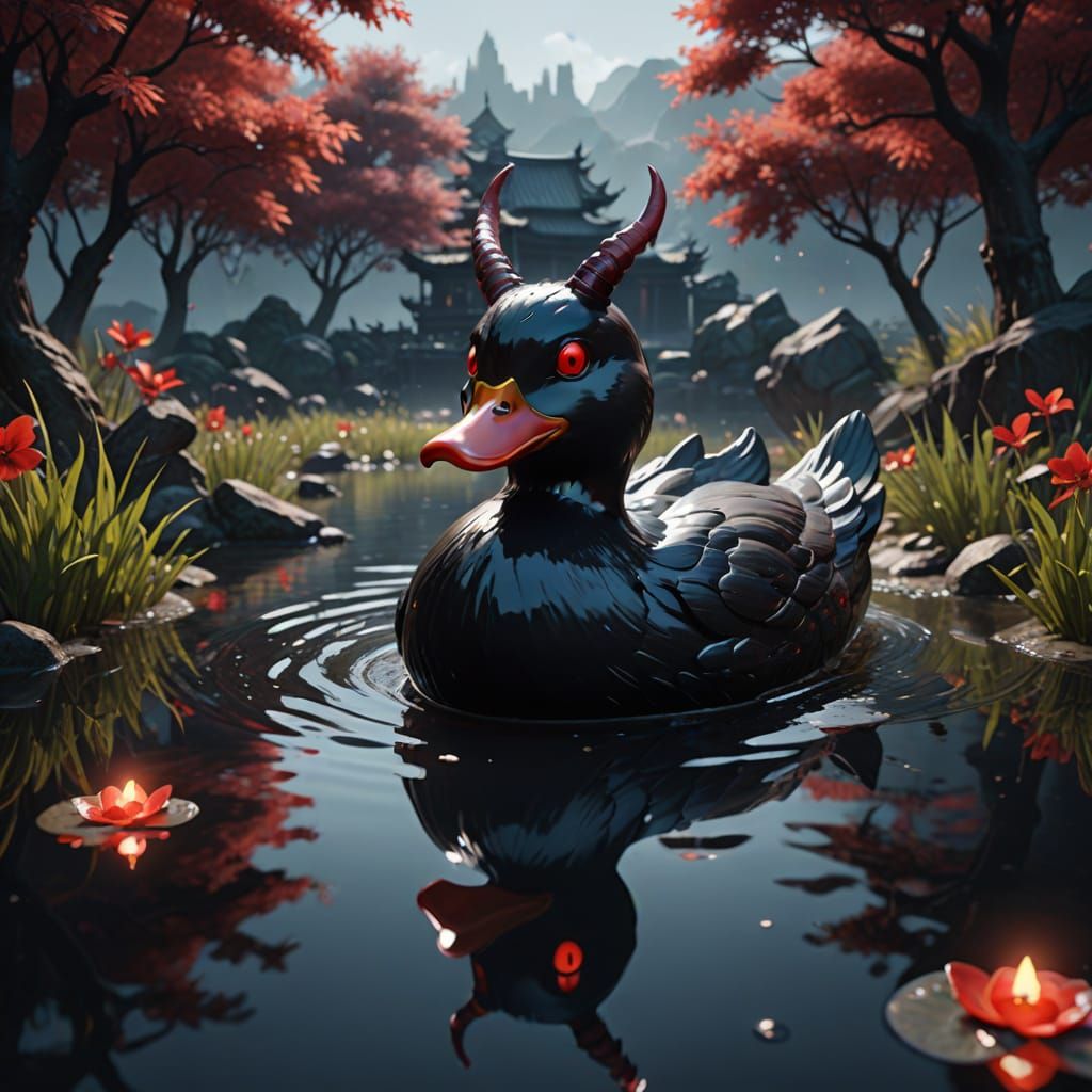 An Evil Rubber Duck with horns and red eyes floating in the ...
