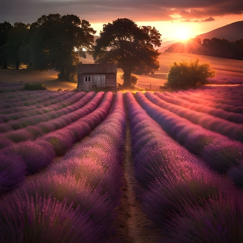 Sunset Over Lavender Field with Farm