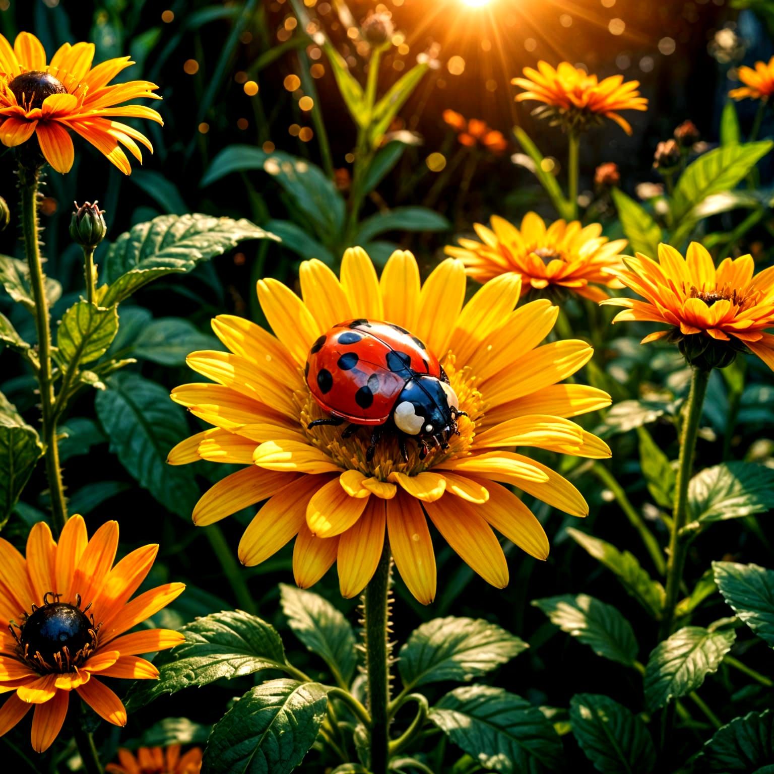 Vibrant Lady Bug on a Majestic Yellow Flower