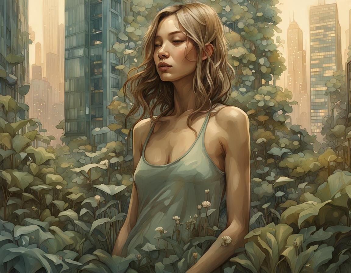 Hyper-Realistic Urban Garden with Ethereal Figures