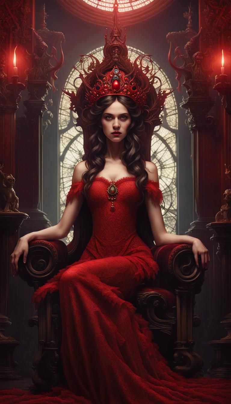Red-Eyed Queen in Alphonse Mucha Style Throne Room