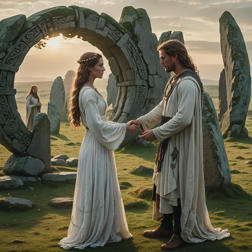 Celtic Encounter at Dawn: A Cinematic Film Still