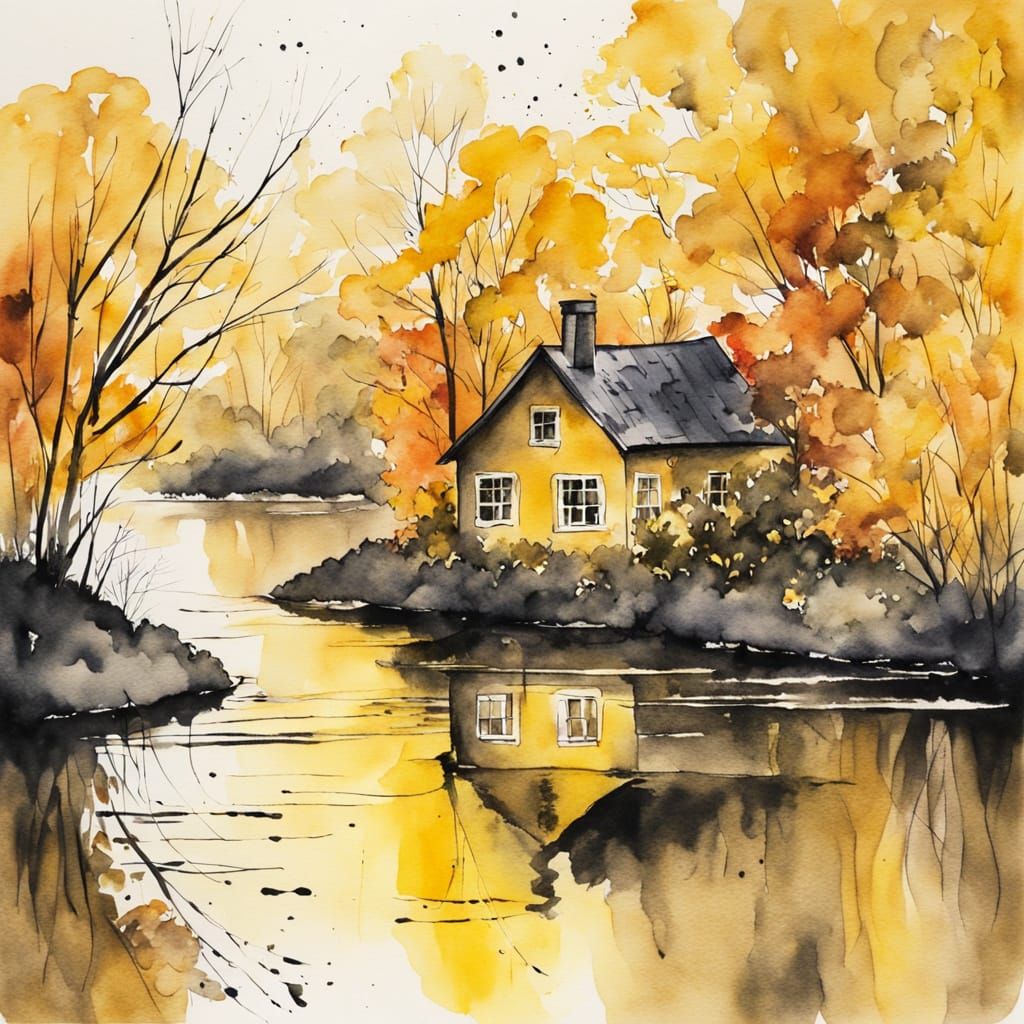 Watercolor House by the Water in Autumn