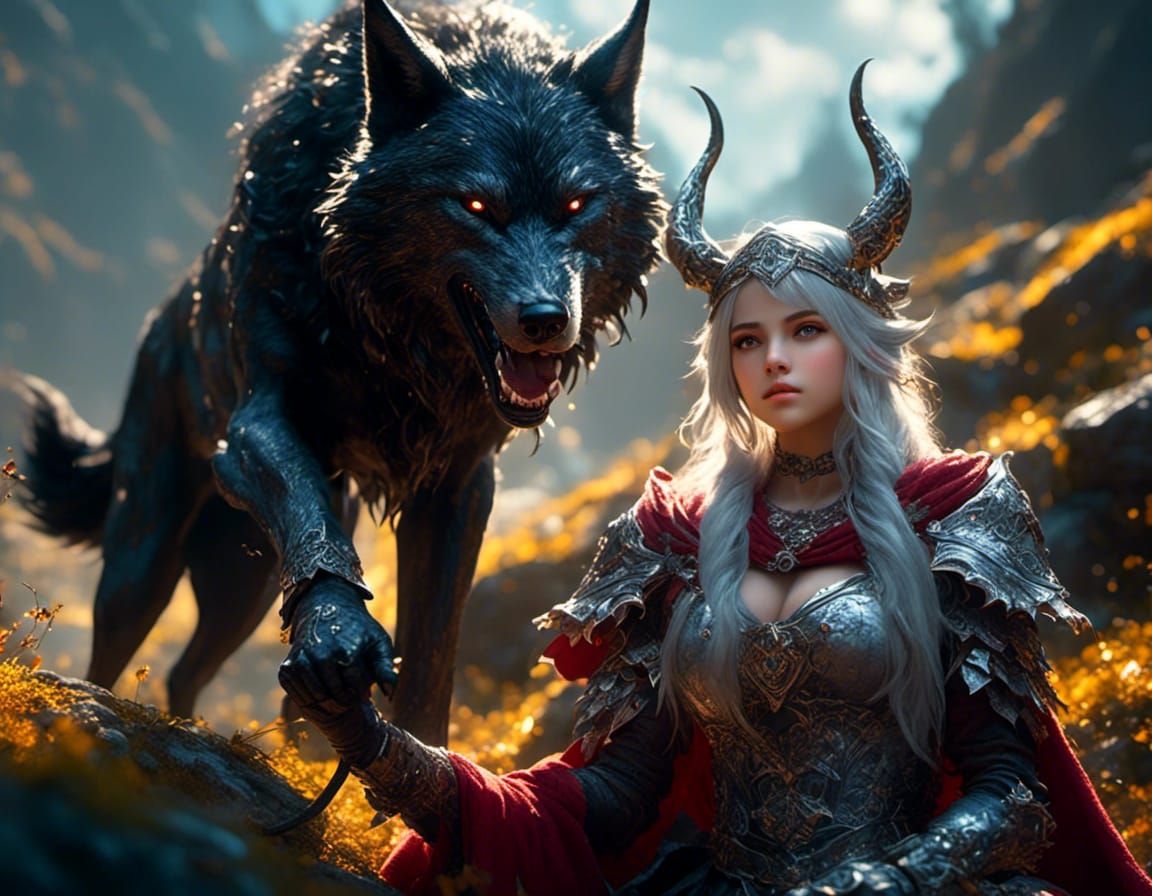 Girl with Horns Patting Wolf in Fantasy World