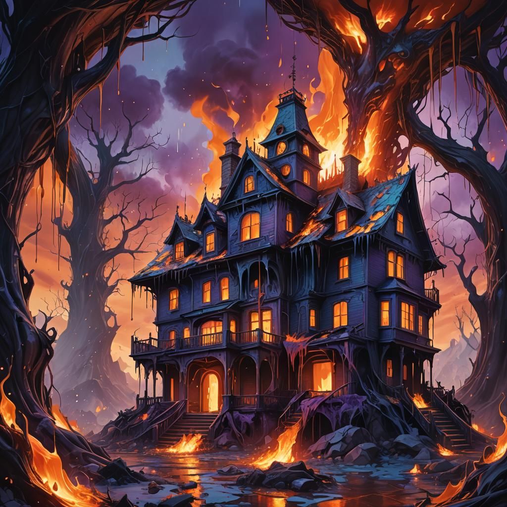 Melting Haunted House in Surreal Horror Art
