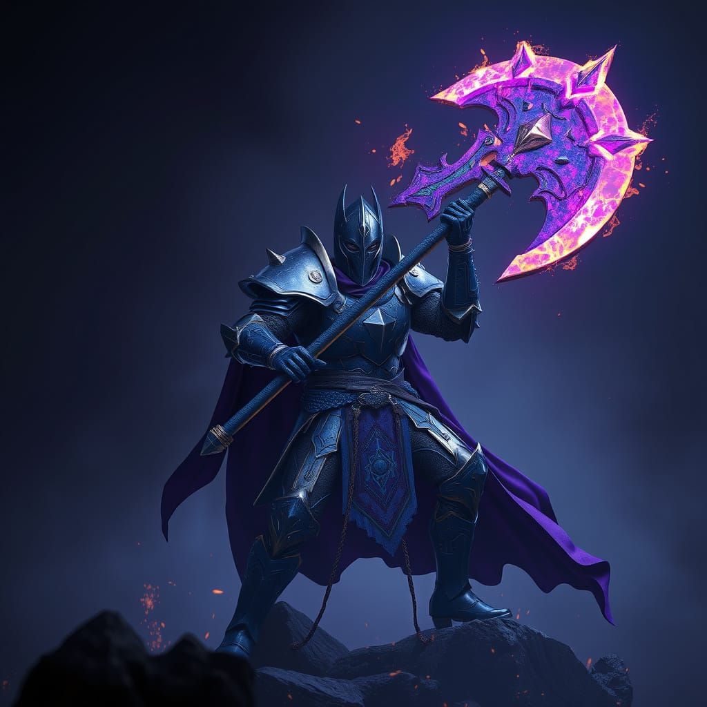 Knight in Blue Armor with Magic Battle Axe