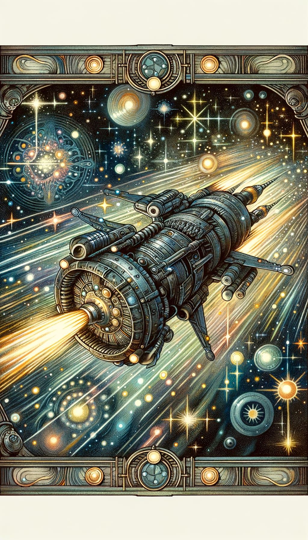 Armed Spacecraft Races Through Stars in Art Nouveau Style