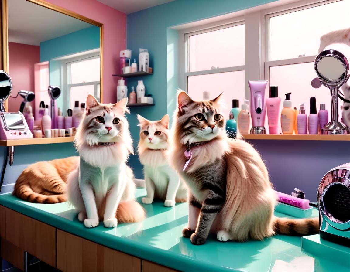 Cats Relaxing in a Whimsical Photorealistic Beauty Salon