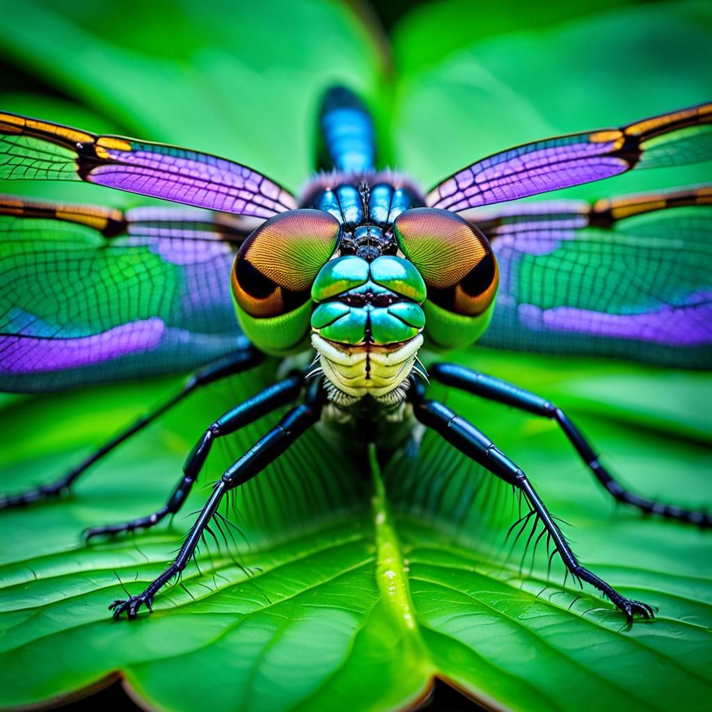 Iridescent Dragonfly Smiling on Lily Pad: Macro Photography
