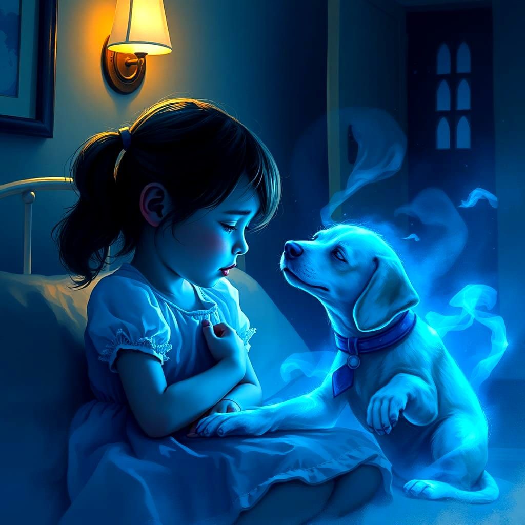 Ghost Dog Comforting Crying Girl: Watercolor Art