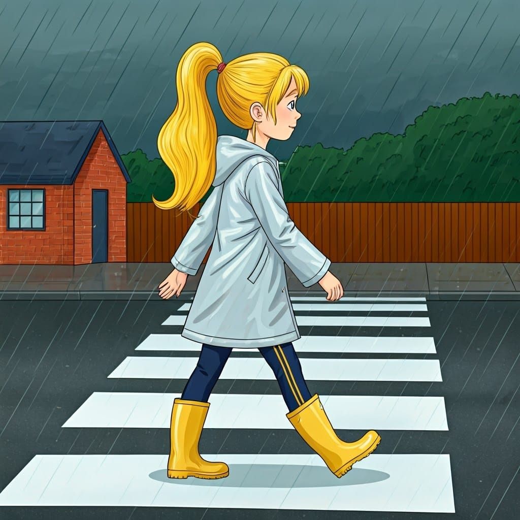 Girl Walks Home from School on Rainy Day