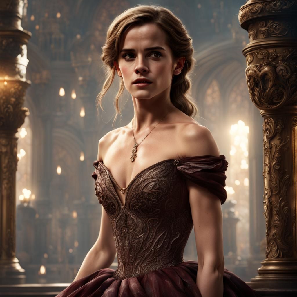 Emma Watson in elegant low cut ball gown. Long flowing hair....