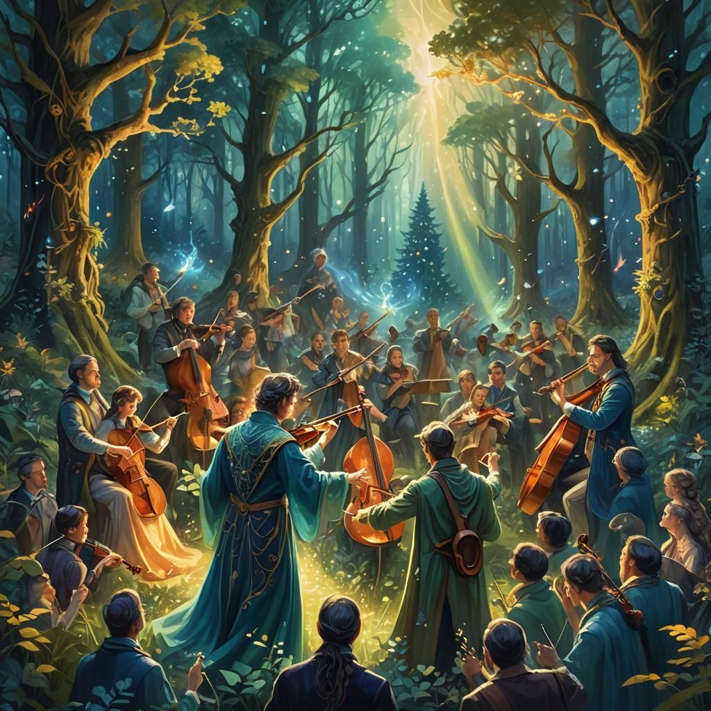 Enchanted Orchestra in Mystical Forest: Fantasy Concept Art