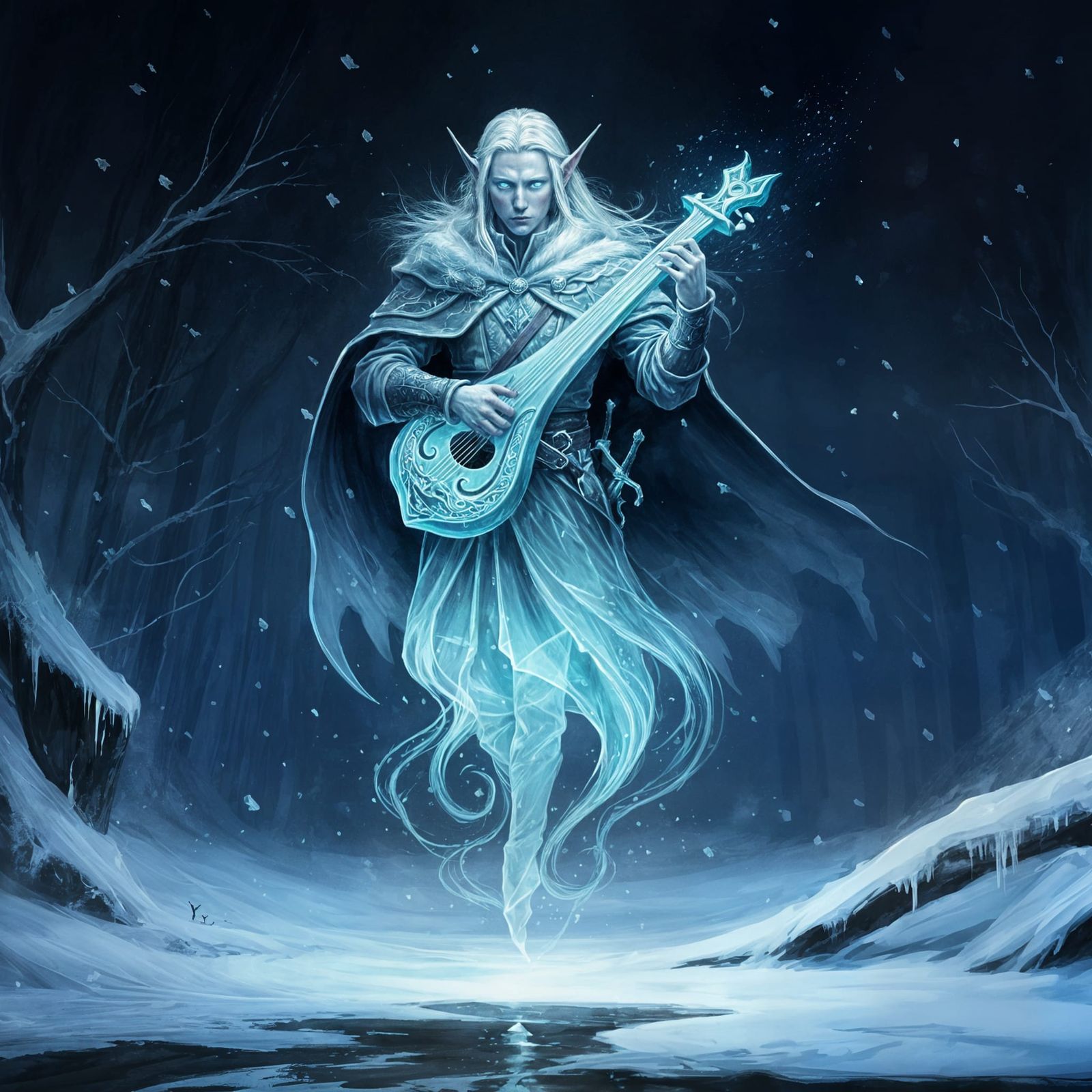 Winter Elf Ghost Bard in Ethereal Ink Drawing