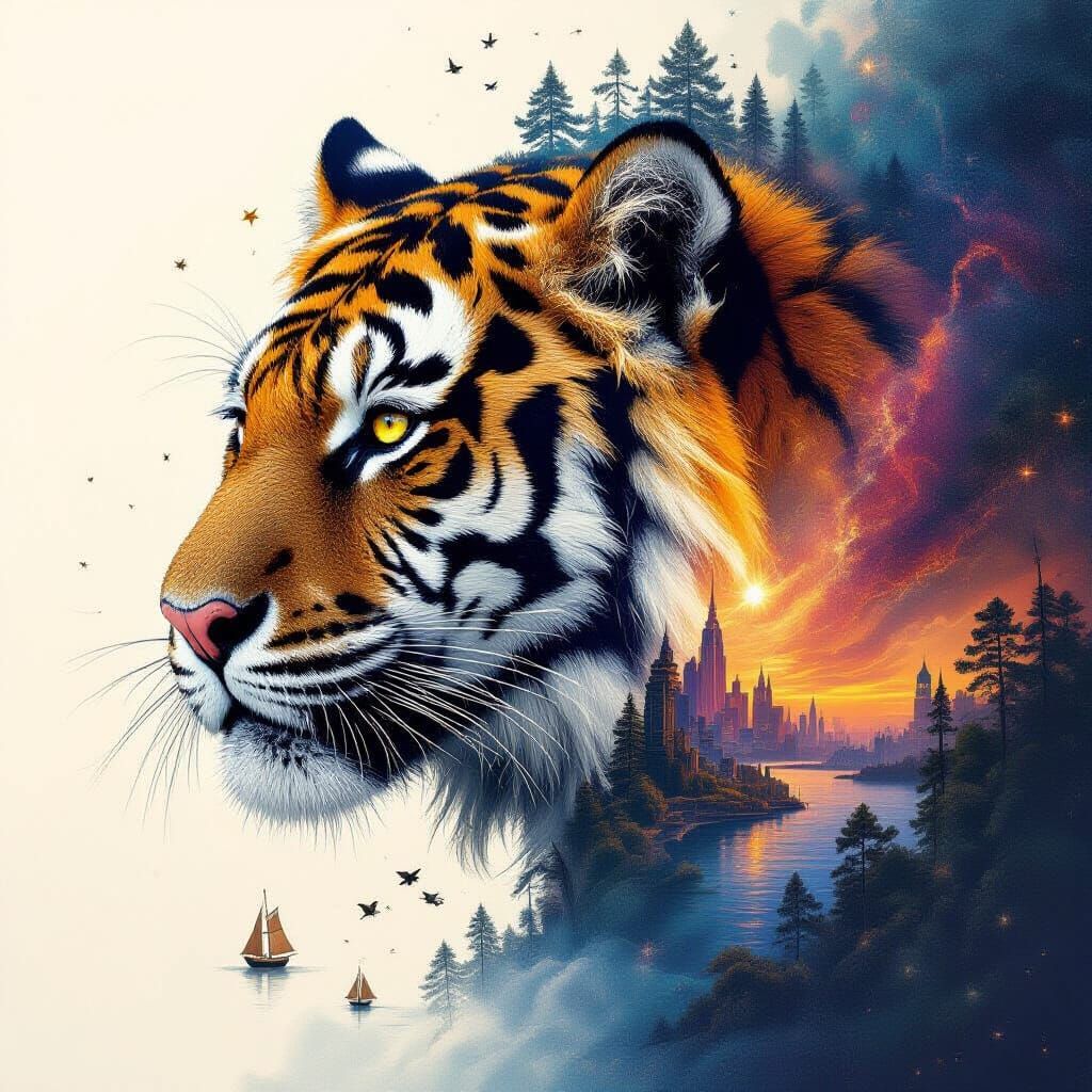 Tiger Galaxy Double Exposure in Cosmic Style