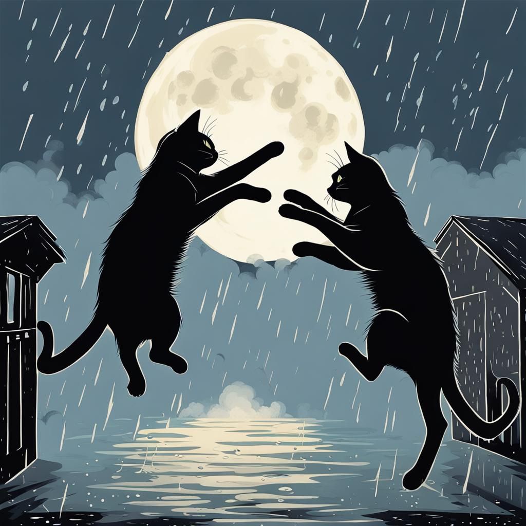 Cats Fighting in Rain Under the Moon