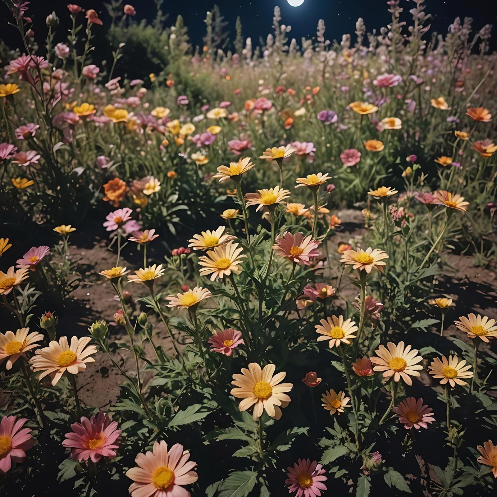 Blooming Flowers in a Circle of Light: Cinematic Still