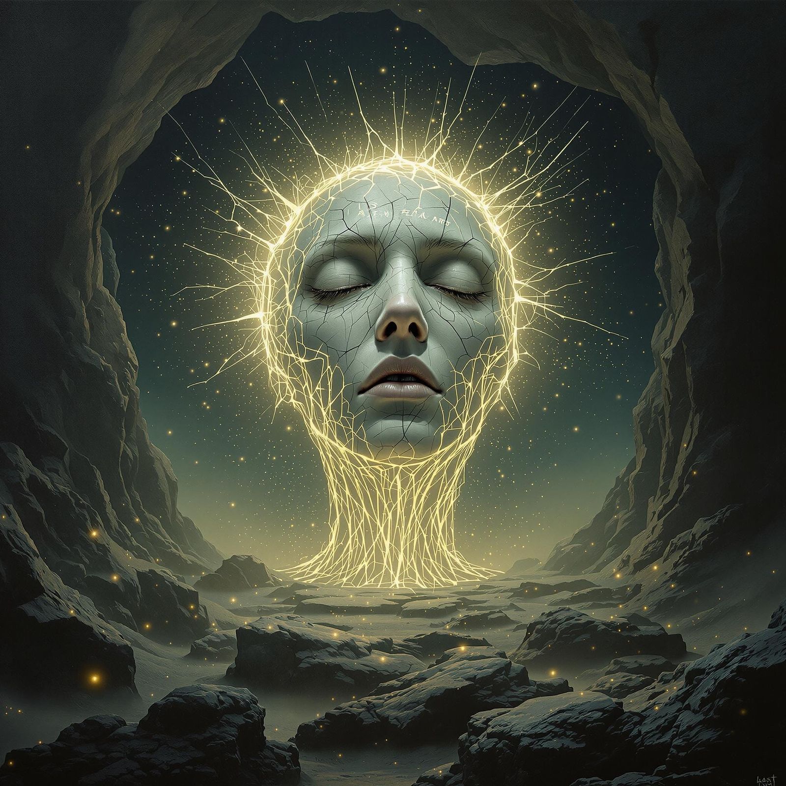 Surreal and Hypereal Chalk Carving Face Transcends into Cele...