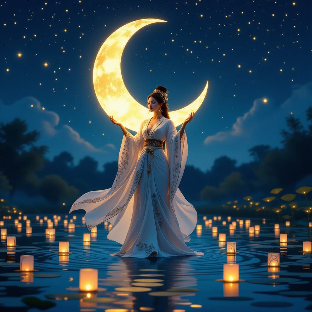 Ethereal Goddess with Moon Lantern Over Lotus Pond