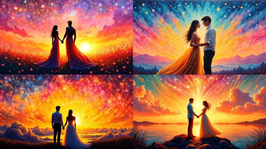 Romantic Sunset Scene in Whimsical Art Style
