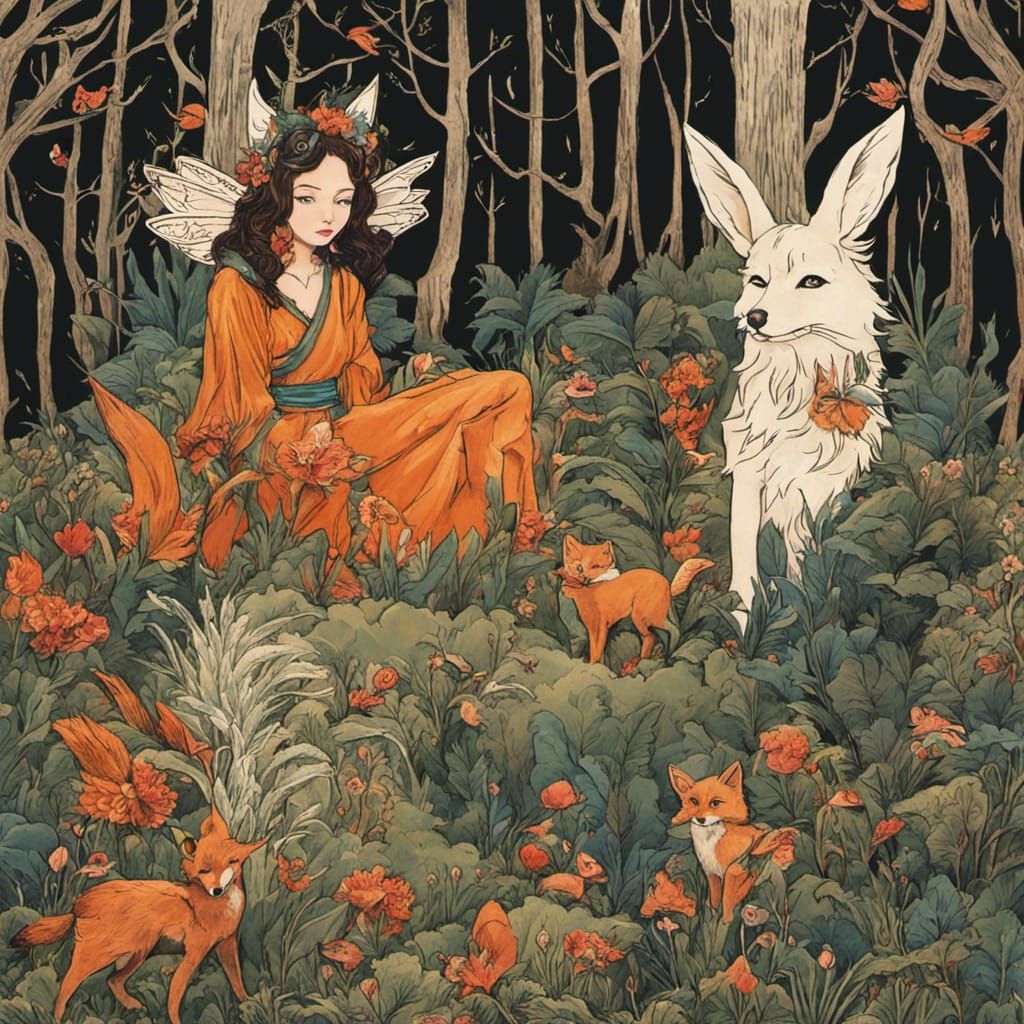 Fairies and Kitsune in Enchanted Forest