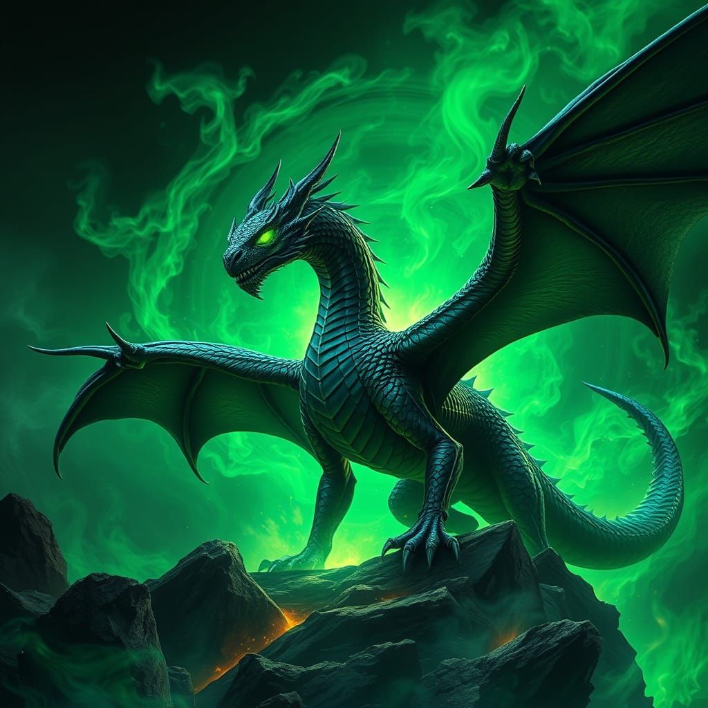 Majestic Black Dragon Unleashes Radiant Green Fire