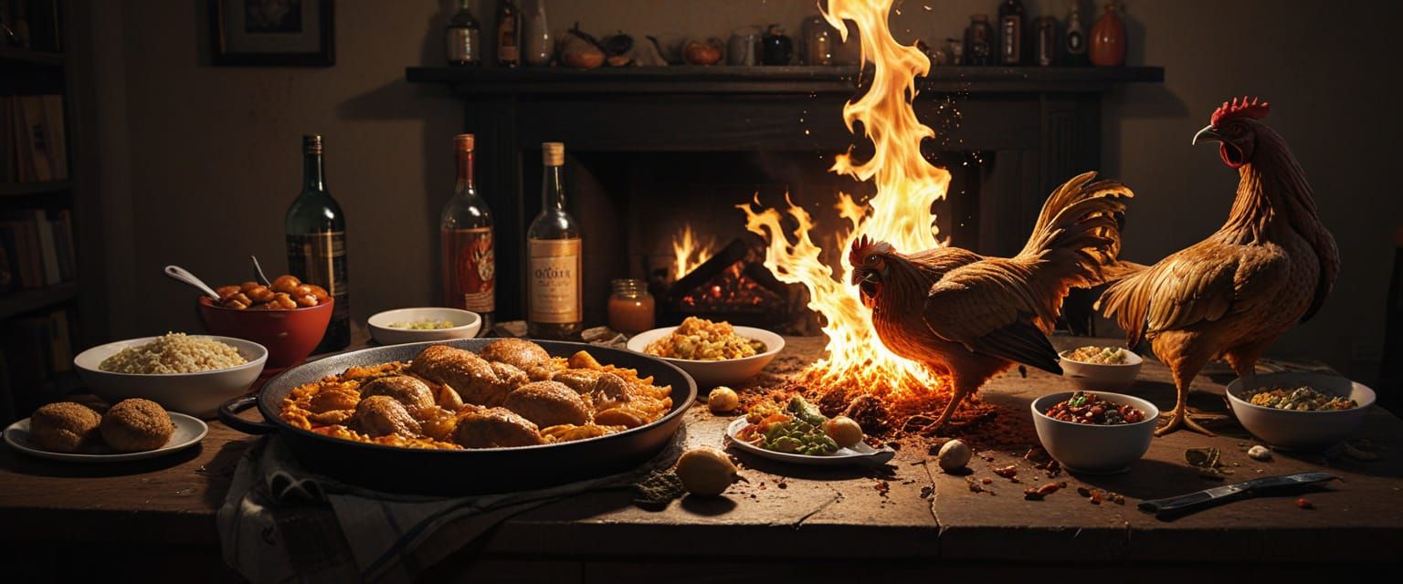 Surreal Still Life of Burning Chicken and Yammy Horror