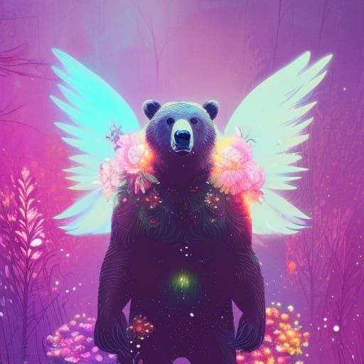 Winged Grizzly Bear in a Crystalline Fantasy Landscape