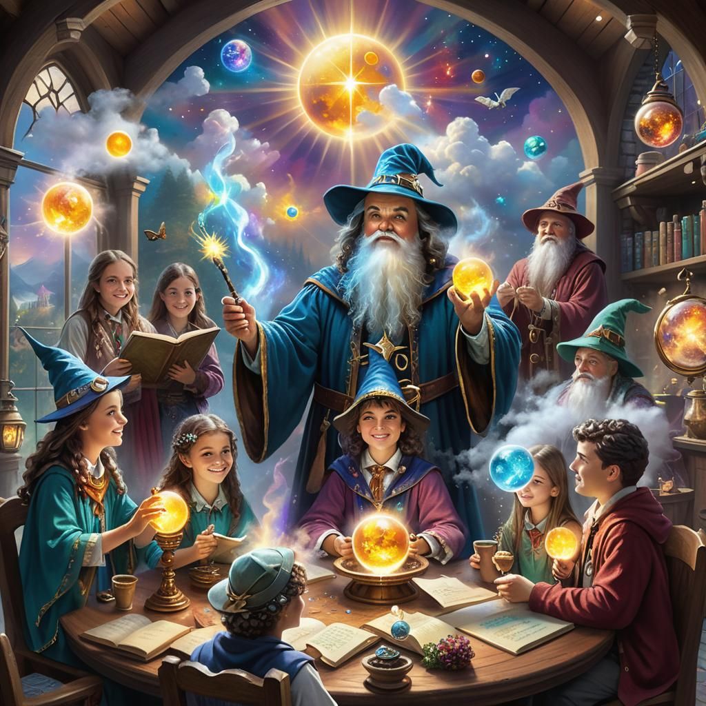 Wizard holding one wand holding one orb who is teaching a class of young students, surrounded magical mystical creatures...