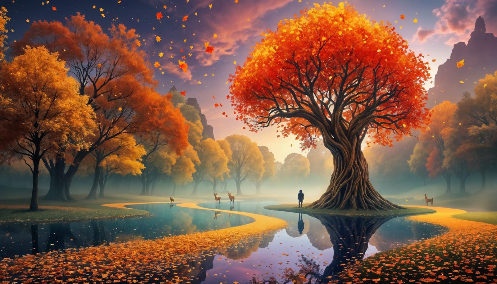 Surreal Autumn Dreamscape with Reflective Lake and Spectral ...