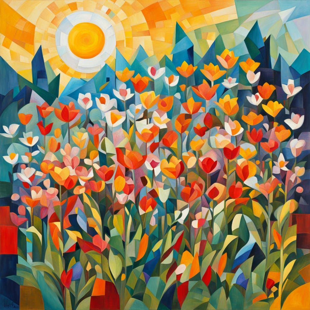 Springtime Flowers in Abstract Cubism Style