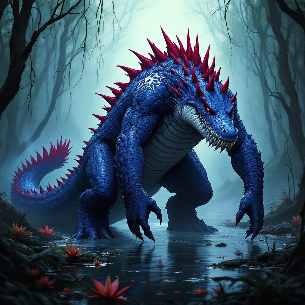Bipedal Blue Gator with Red Spikes in Swamp