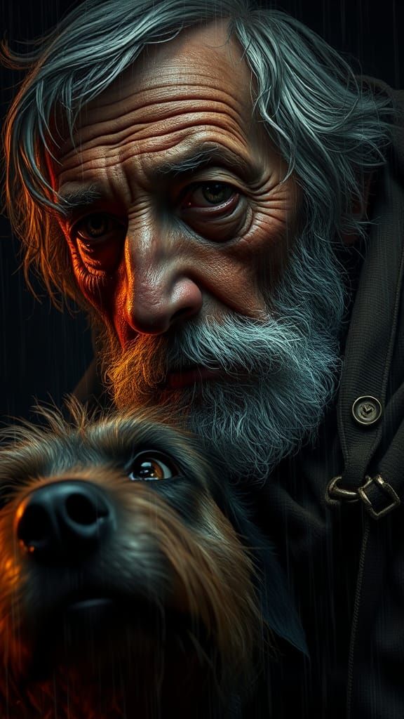 Homeless Man and Dog Portrait in Classical Style