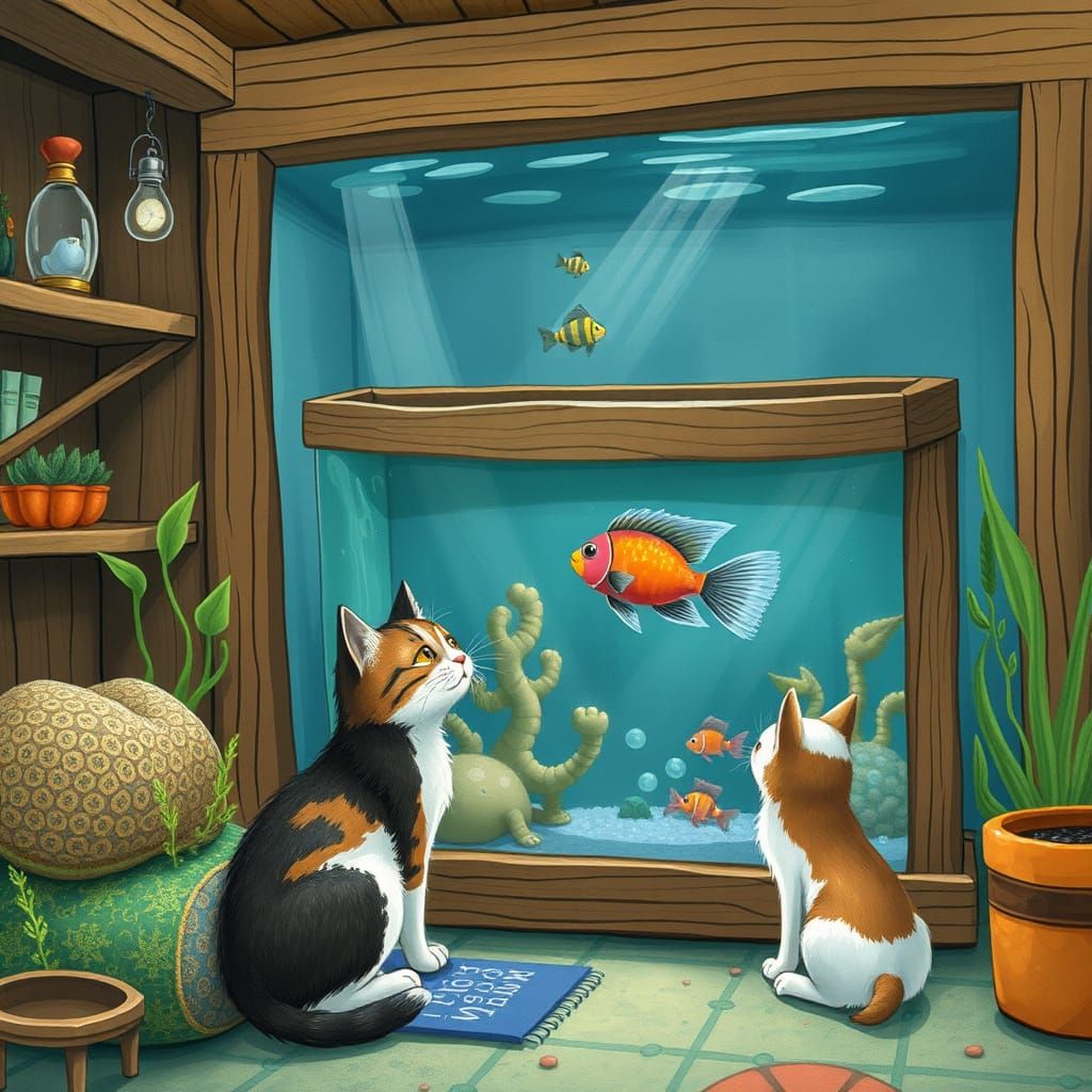 Cat and Fish in Aquarium, Beatrix Potter Style