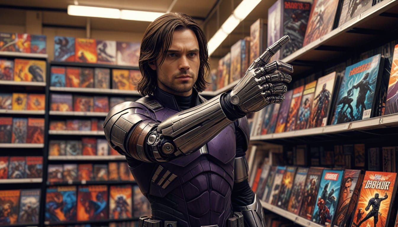 Futuristic Comic Book Shop with Bucky Barnes in Hyper-Realis...