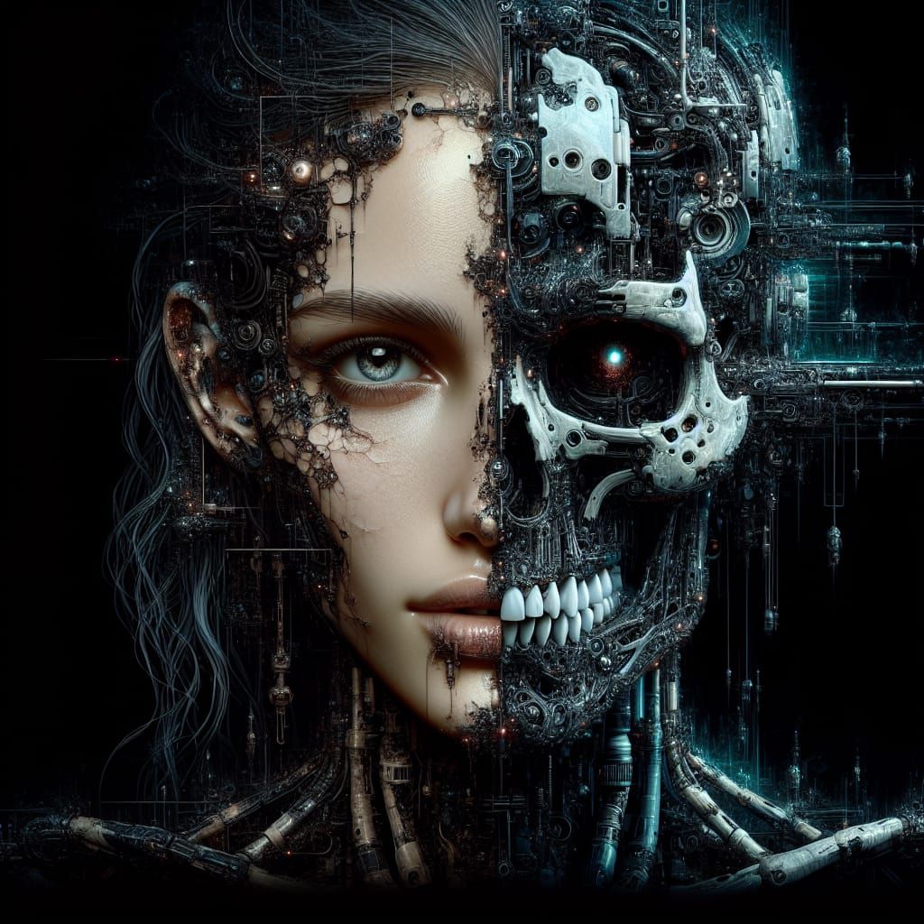 a close up of a woman, horrific digital art, cyberpunk skele...