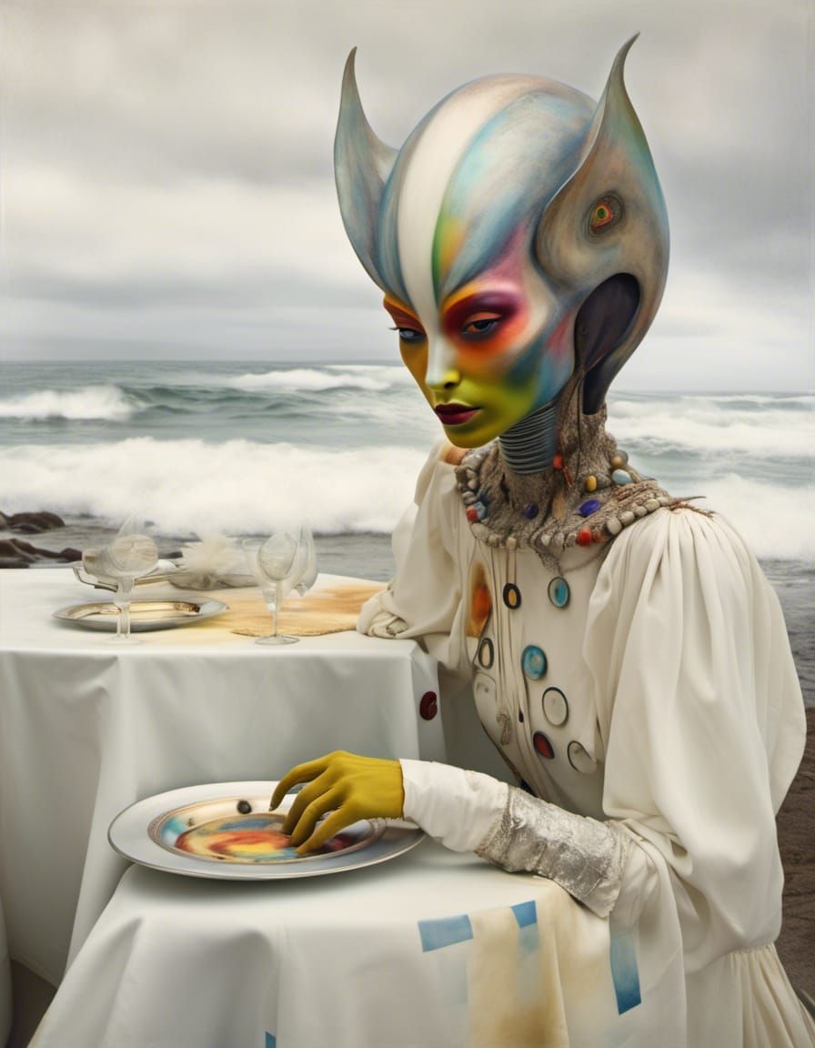 Beautiful Alien at Table: Polychromatic Bizarre Art