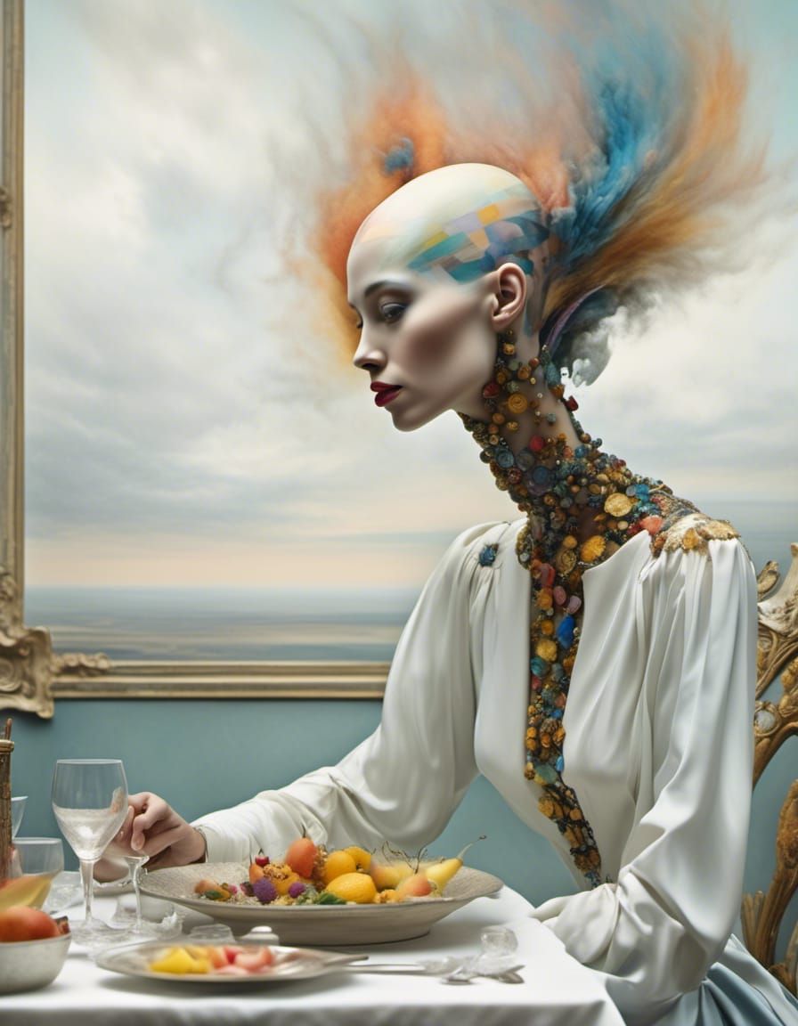 Polychromatic Alien at Table: Abstract Digital Art