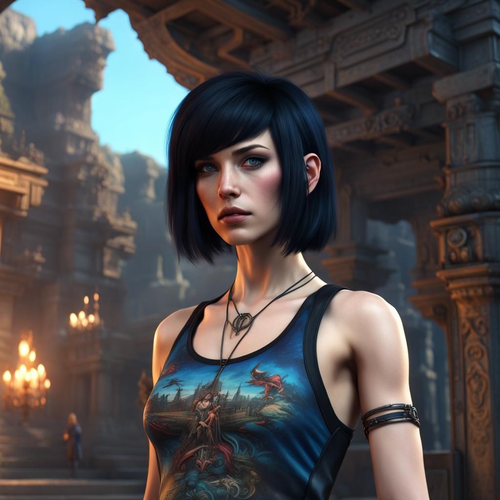 Petite Goth in Blue Shorts, Digital Matte Painting