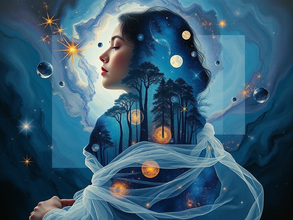 A Serene Woman in Cosmic Forest