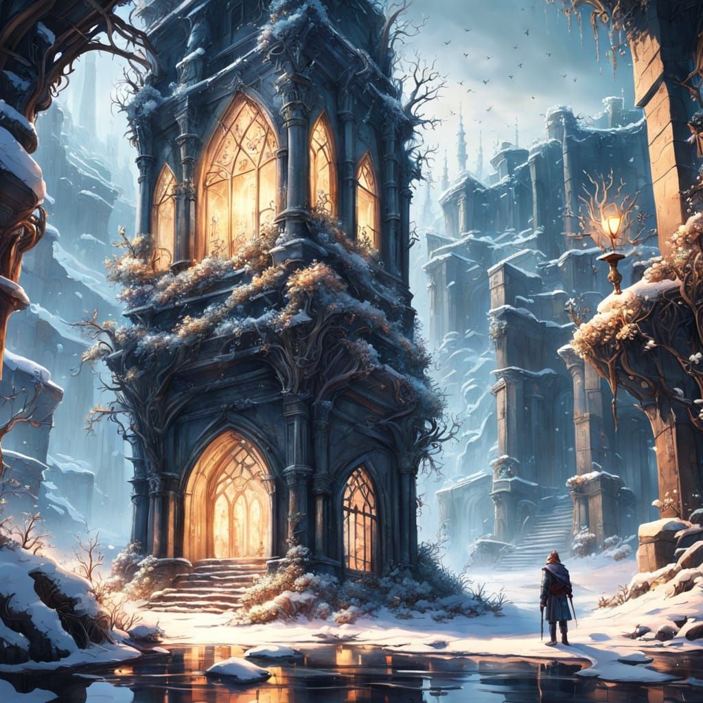 Ethereal Winter Library in Ancient Ruins