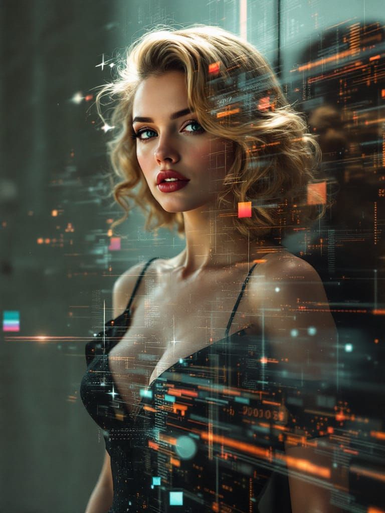 Glitch Art Pin-Up Woman with Digital Data Streams