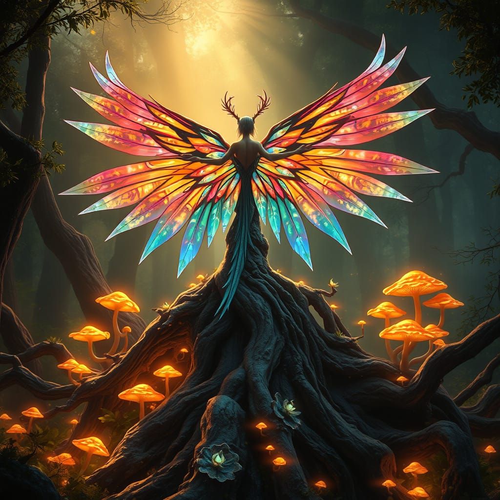 Angel Unfolds Iridescent Wings Amidst Ancient Forest