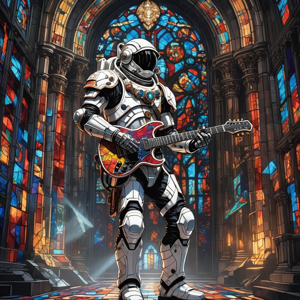 Biomechanical Astronaut Plays Guitar in Baroque Cathedral