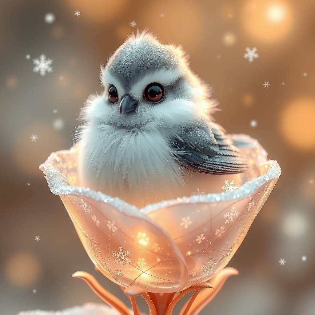 Cute Frosty Bird on Crystal Snow Rose