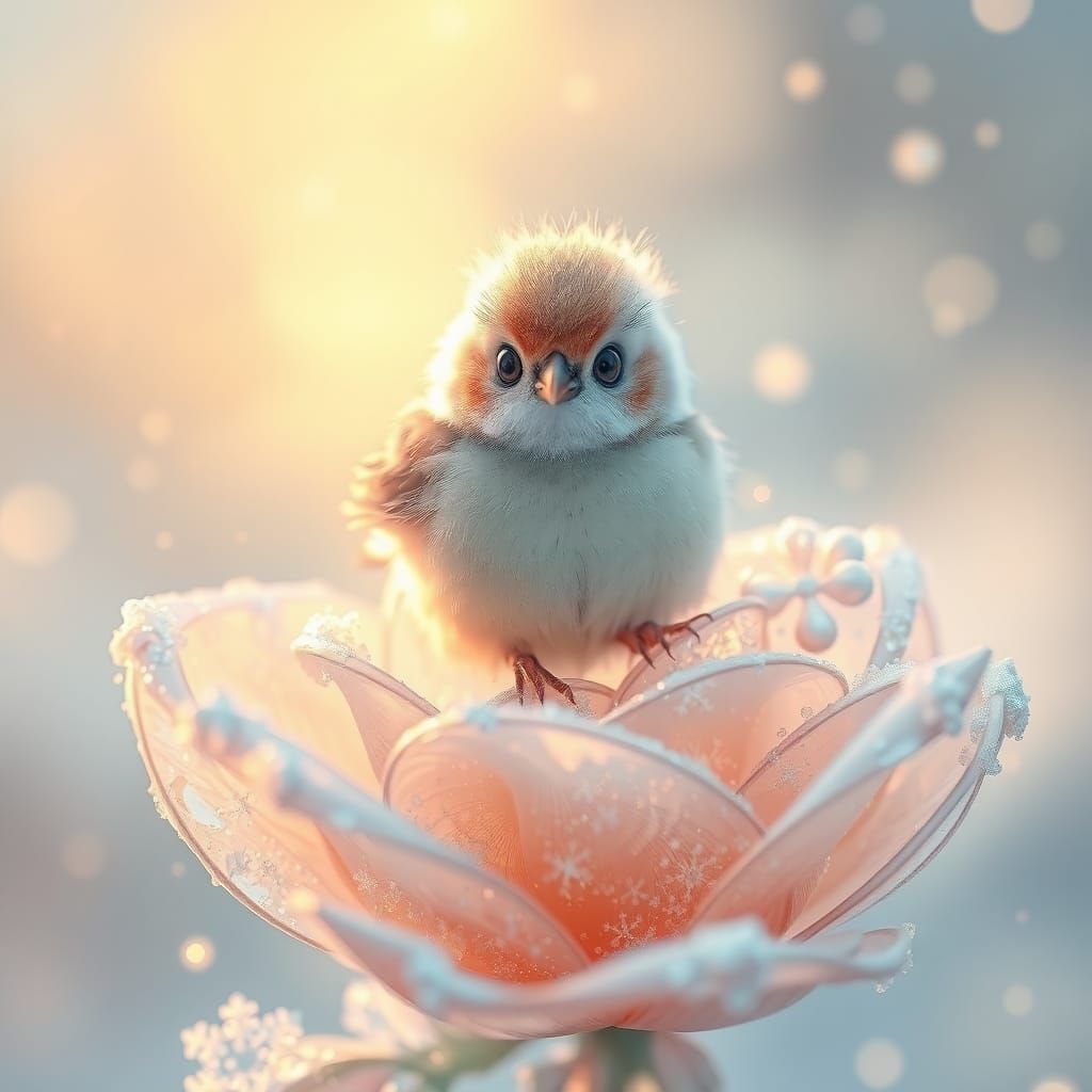 Frosty Bird on Crystalline Snow Rose