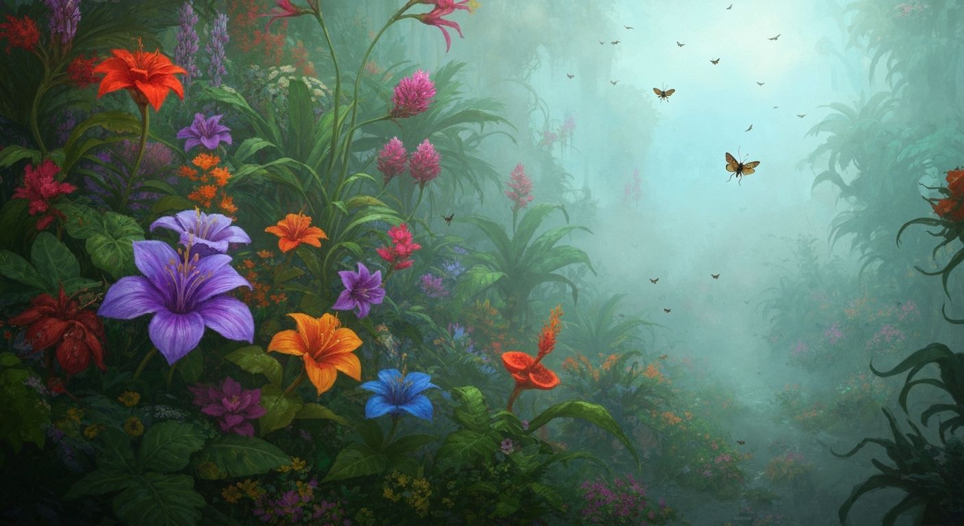 Tropical Flower Garden with Detailed Insects