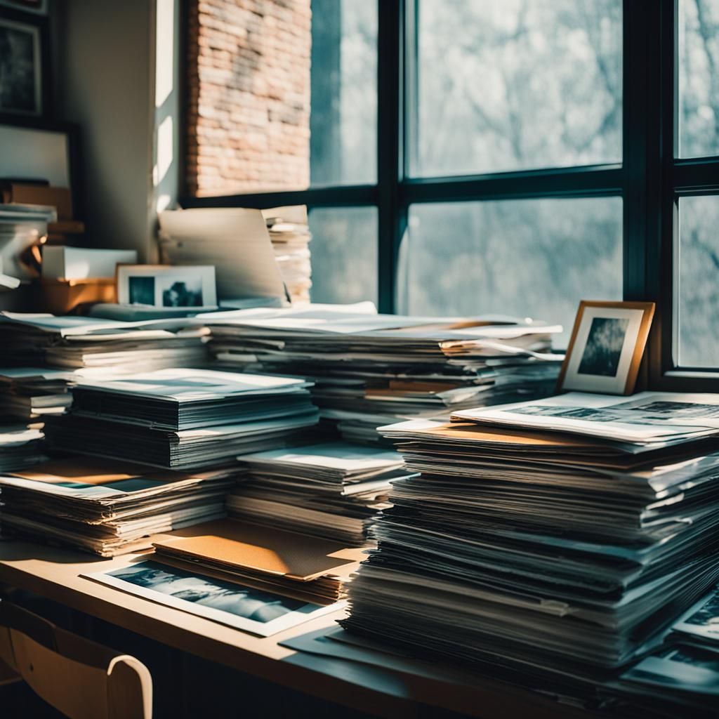 Cinematic Still of Art Catalogs on Desk